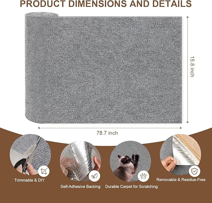 Cat Scratching Mat, 78.7"x15.8" Self-Adhesive Carpet Mat Trimmable Replacement for Cat Tree, Cat Wall Shelves, Cat Scratching Post, DIY Couch Sofa Furniture Door Protector
