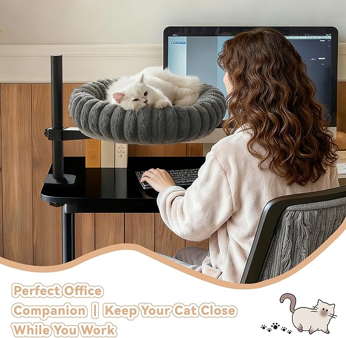 Dogpals 360° Rotating Cat Bed for Desk, Height Adjustable Cat Perch with Semi-Enclosed Design & Removable Cushion, No-Drill Clamp fits up to 1.18" Desk, Supports 9lbs for Office, Gaming Table, Grey