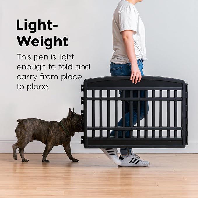 IRIS USA Dog Playpen with Door, 24” 4 Panel Pet Exercise Pen – Indoor Outdoor Puppy Play Pen, Portable Plastic Pet Fence for Small Medium Dogs, Foldable 35” x 35” x 24”, Black