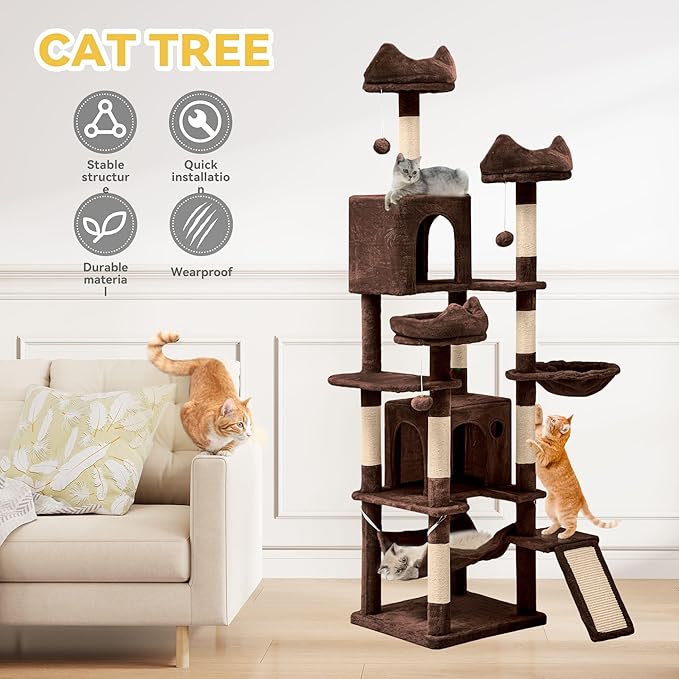 DWVO 75 in Multi-Level Cat Tower: Tall Cats Tree for Indoor Kittens, Pet Furniture with Kitty Condos, Top Perches, Sisal Ramp Scratching Posts, Cozy Basket, Hammocks, Brown