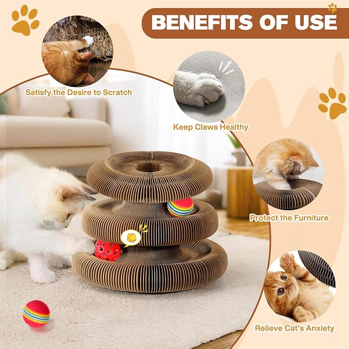 2 PCS Magic Organ Cat Scratcher Board with 6 Balls, Foldable Recyclable Accordion Cats Toy with Ball and Track Adventure, Cat Scratching Pad, Retractable Reversible Furniture Protector(Brown)