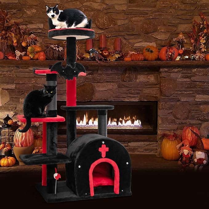 PETSITE Gothic Cat Tree, 53 Inch Multi-Level Cat Tower with Scratching Posts, Cat Bed, Arch-Shaped Condo, Pompom and Spring Balls, Goth Cat Tree for Indoor Cats Large