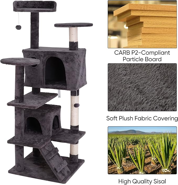 53 inches Heavy Duty Multi-Level Cat Tree Tower with Condo Furniture & Scratching Posts for Kittens Play Rest (Grey)