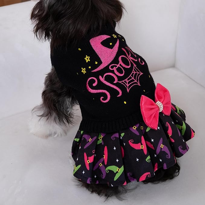CuteBone Halloween Dog Sweater Dress Spooky Embroidery Turtleneck Puppy Sweater with Bowtie Harness Hole Pullover Winter Dress for Medium Dogs