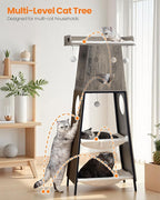 Modern Wood Cat Tree for Indoor Large Cats, 56 Inch Tall Cat Tower with Perch Bed, Multi-Level Trees with 2 Hammock, Cat Condo, Scratching Board, Removable Pads, Cat Furniture, Greige