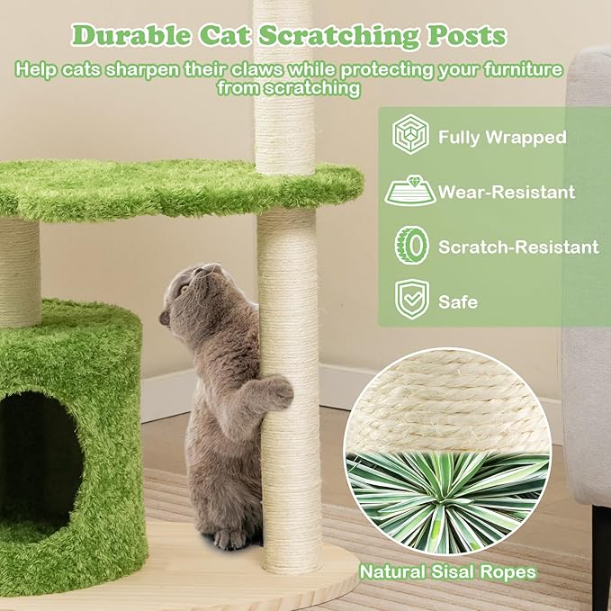 Tangkula Cat Tree Tower, Multi-Level Modern Wood Cat Tower with Sisal Scratching Posts, Top Perch, Solid Wood Base, Cute Cat Condo, Small Cat Tree for Indoor Cats Large Adult (38 Inch)