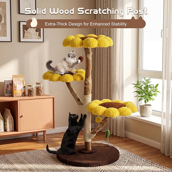 Morden Cat Tree for Indoor Cats, Aesthetic Cat Tree w/Natural Solid Wood Scratching Post, Sunflower Cat Tower with 2 Hanging Toy Ball for Multi-Cat Households, 3 Flower Perches