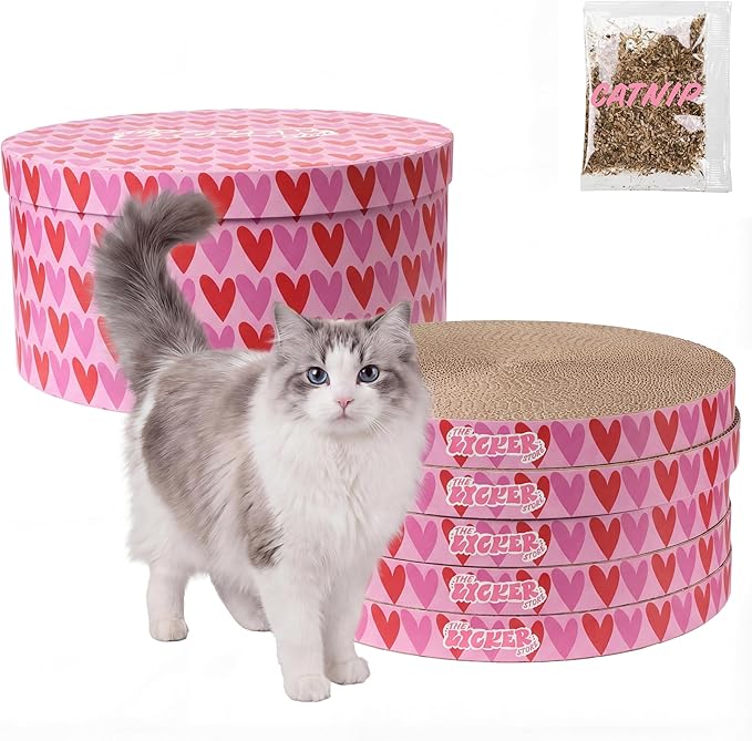CSR1012E Kate 12 Inch Cardboard Cat Scratcher Pads with Box & Catnip, Reversible Heavy-Duty Scratch Boards for Cats, Furniture Protection, Modern Heart Pattern, Pink/Red, 5-Pack