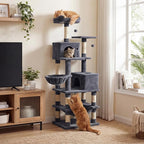 DORTALA Cat Tree for Indoor Cats, 66" Tall Cat Tower with 2 Condos, Sisal Scratching Posts, Plush Perch, Hammock, Dangling Balls, Multi-Level Pet Climbing Furniture Activity Center (Dark Gray)