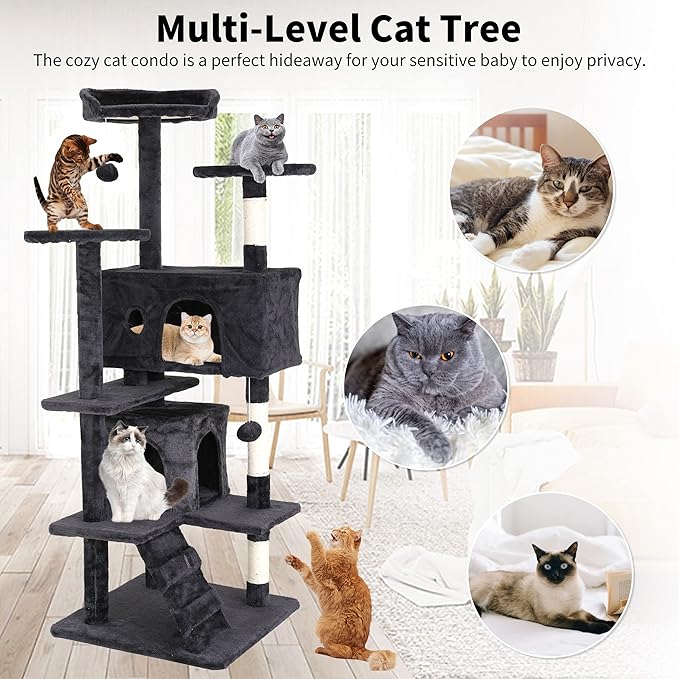 BLKMTY Cat Tree 70" Tall Cats Tower Large Cat Condo Climber Cats Climbing Stand with Top Perches Playhouse and Climbing Ladder Kitty Activity Tree w/Scratching Post Toys, Dark Gray