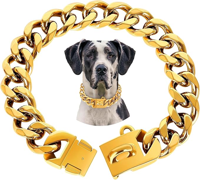 BAOBOTE 23MM Gold Dog Collar,Dog Chain Collars with Cuban Link Dog Collar,Heavy Duty Training Collar Chew Proof for Medium Dogs(16" Gold)