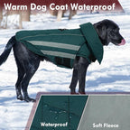 Dog Coat for Large Dogs Waterproof Winter Jacket with Harness Hole Turtleneck Hook & Loop Snowsuit Warm Fleece Dog Jacket for Cold Weather Windproof, Green XL