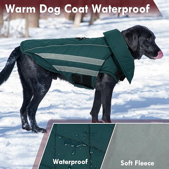 Dog Coat for Large Dogs Waterproof Winter Jacket with Harness Hole Turtleneck Hook & Loop Snowsuit Warm Fleece Dog Jacket for Cold Weather Windproof, Green XL