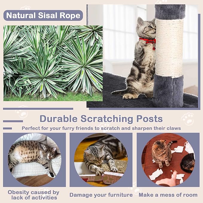 54 Inches Cat Tree for Indoor Cats, Multi-level Cat Tree Cat Tower with Sisal-covered Scratching Posts, Stable Cat Trees and Towers for Large Cats, Cat Trees with 2 Cat Condo and 3 Perches, Light Gray