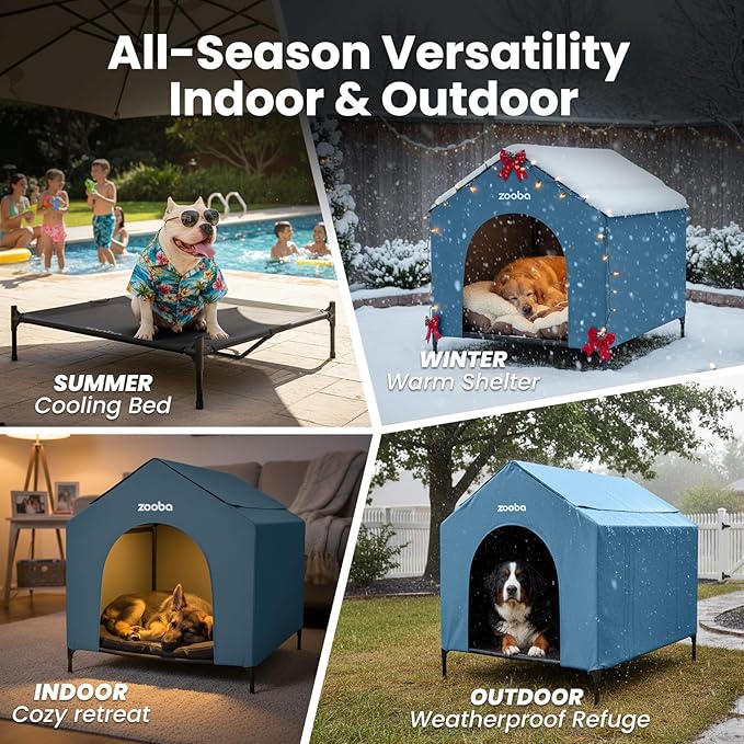 42" 2-in-1 Dog House for Medium Dogs, Elevted Dog House Outdoor/Indoor, Puppy Shelter Outside,Water Resistant 600D PVC and Durable 2x1 Textilene Raised Dog Bed(Blue)
