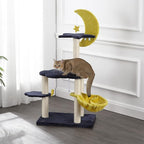 CTR1003A Aurora 49" 3-Tier Modern Sisal Moon and Stars Cat Tree with Scratching Posts, Basket, and Fuzzy Bell Toys, Navy/Yellow/White