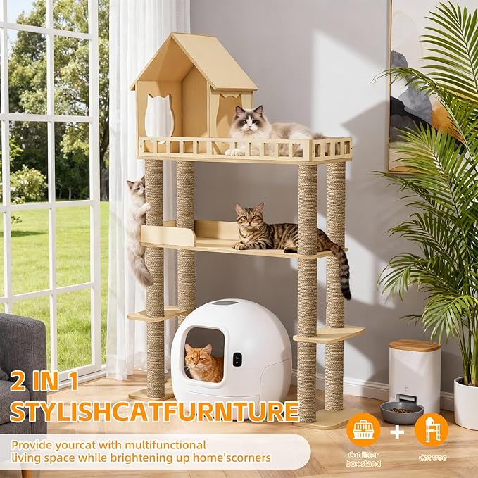 Wood Cat Tree for Automatic Litter Box, 60.2 Inch Tall Modern Cat Tree Tower with Litter Box Enclosure, Multi-Level Wooden Cats Tower Furniture with Scratching Posts, Condo House for Indoor Cats C3