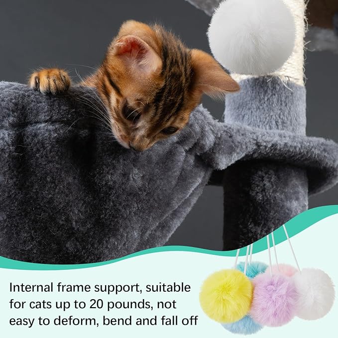 3 Pack 14.6" Large Cat Tree Hammock Basket Bed Lounger Tower Replacement Parts with 6 Pcs Hanging Elastic Strings Pom Pom Toys, Cat Tree Accessories Hammock Attachment (Gray)