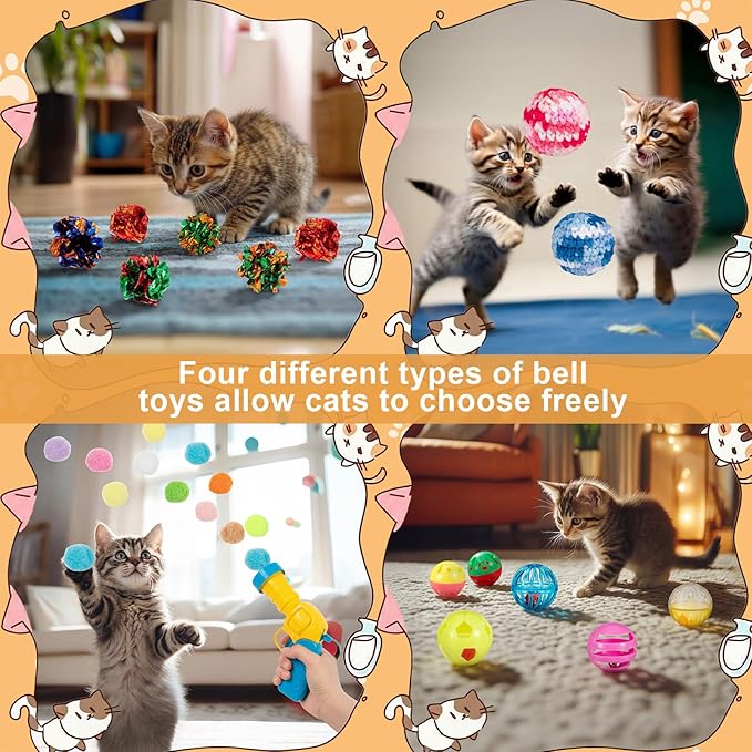 Zopeal 64 Pcs Easter Cat Toy Gift Set Magic Cat Scratcher Board Ball Launcher Gun Crinkle and Yarn and Plastic Bell Ball Kitten Toy with Bow for Pet Interactive Engaging Gift(Bowl Shape)