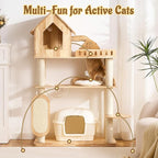 58" Tall&Wide Solid Wood Cat Tree Tower for Indoor Cats, Modern Cat Tree Open-Style Cat Villa Condo with Scratching Posts & Board, Cat Beds, Multi-Level Cat Furniture with Space for Litter Box