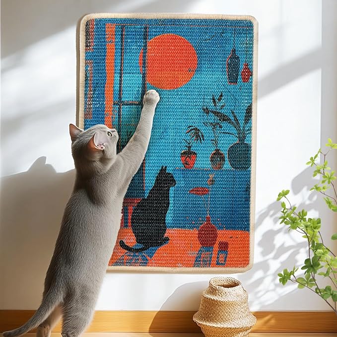 3-in-1 Sisal Cat Scratcher Mat 23.6x15.7'' – Floor & Wall Use with Sticker Tape, Protects Furniture, Couch & Carpet, Anti-Slip, Pet-Safe, Durable Scratch Rug Mat or Indoor/Outdoor Cats, Blue Silence