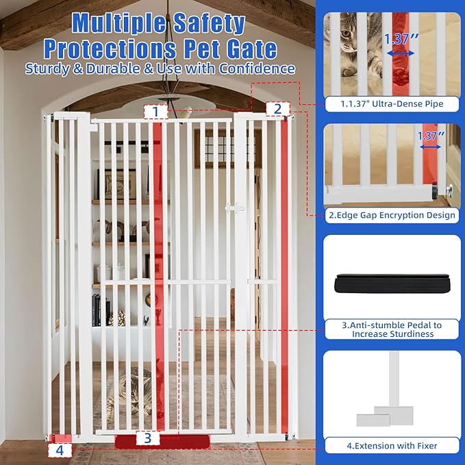 71 Inch Extra Tall Pet Gate for Cats, 29.5-43" Adjustable Wide Dog Gates, Pressure Mounted Walk Through Tall Cat Gate for Doorways,Hallway,Stairs,House（White）