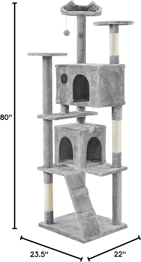 Topeakmart Cat Tree, 80-Inch Cat Tower Cat Condo with Scratching Posts, Padded Perches and Ladder, Cat Stand House Furniture, Light Gray