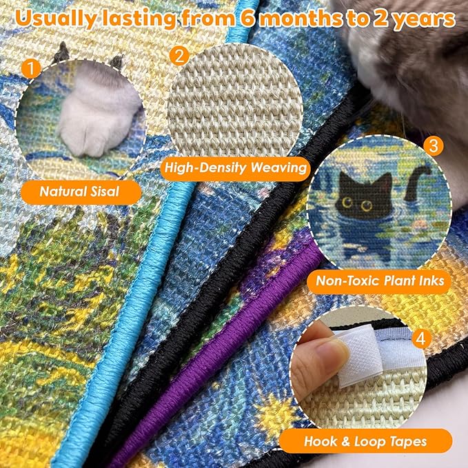 Cat Scratcher Wall Art, Sisal Home Decor Cat Scratch Mats, Wall Mount Kitten Scratching Pad with Hoop and Loop Adhesives, Cardboard Post Alternative for Indoor, Irises