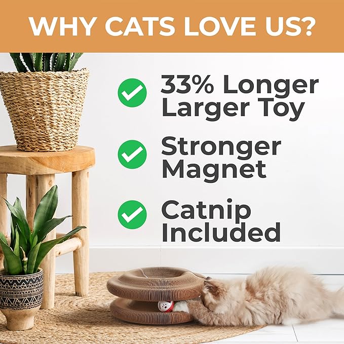Magic Organ Cat Scratcher with Bell Ball and Catnip - Longer, Stretchier Accordion Cardboard Scratching Pad with 4 Strong Magnets - Interactive Kitty Kurlz Cat Toy