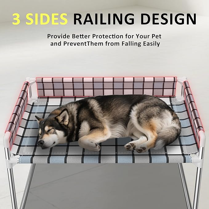Bedside Window Pet Cat Bed - Dog Bed with Guardrail Extension Attached to Human Bed Height Elevated Dogs Cats Window Perch Bedside Dog Cot Sleeper Hammock Furniture Pet Beds (34'' x 20'' x 24'')