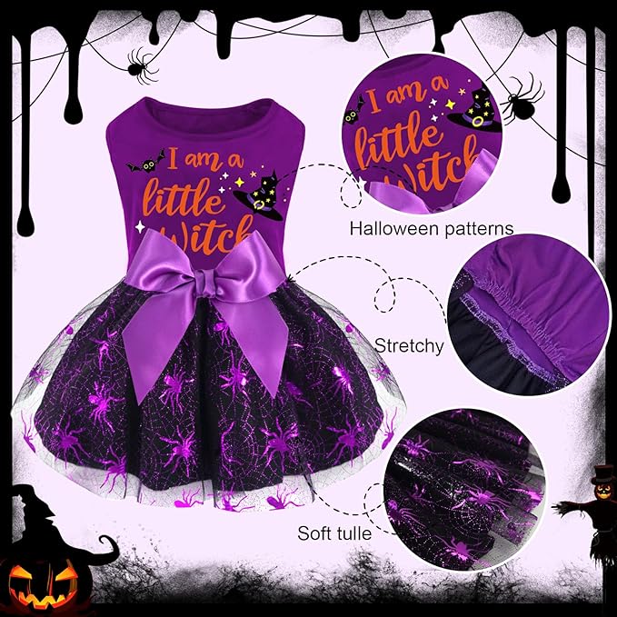 XPUDAC Halloween Dog Dress Witch Tulle Dress Holiday Dog Clothes for Small Dogs Girl, Spider Pet Costume Cat Apparel, Purple-XS