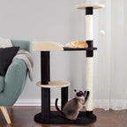 3-Tier Cat Tower - Indoor Feline Furniture with 2 Napping Perches, 2 Sisal Rope Scratching Posts, Peek Hole, and Fun Hanging Toy by PETMAKER (Black)