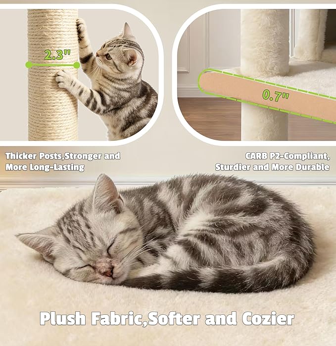 Pawly 60.63" Large Cat Tree with 2 Condos & Sisal Ramp, Premium CARB P2-Compliant Particle Board, 350G Plush Sturdy Cat Tower for Large Breeds, Senior Cats & Multi-Cat Household, Beige