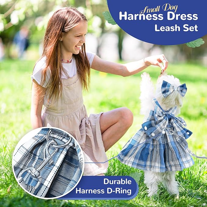 PETCARE Cute Dog Dress Clothes for Small Dogs Cats Girl Female Blue Plaid Bow Tie Dog Harness Dresses Leash Set with Pearls Bow Accessories Birthday Puppy Dress Shih Tzu Yorkies Chihuahua Outfits