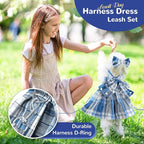 PETCARE Cute Dog Dress Clothes for Small Dogs Cats Girl Female Blue Plaid Bow Tie Dog Harness Dresses Leash Set with Pearls Bow Accessories Birthday Puppy Dress Shih Tzu Yorkies Chihuahua Outfits