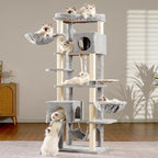 Hey-brother Cat Tree, 70.8 Inches Multi-Level Cat Tree Tower for Large Cats, Heavy Duty Cat Tower with Cat Condo,Baskets, Cat Scratching Posts, Big Hammock and Food Bowls, Light Gray MPJ036W