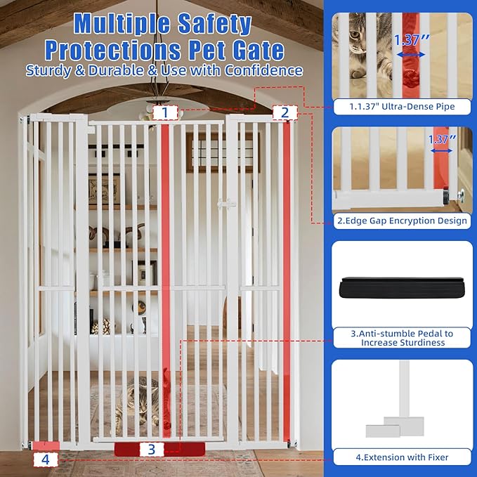 71 Inch Extra Tall Pet Gate for Cats, 29.5-48" Adjustable Wide Dog Gates, Pressure Mounted Walk Through Tall Cat Gate for Doorways,Hallway,Stairs,House（White）