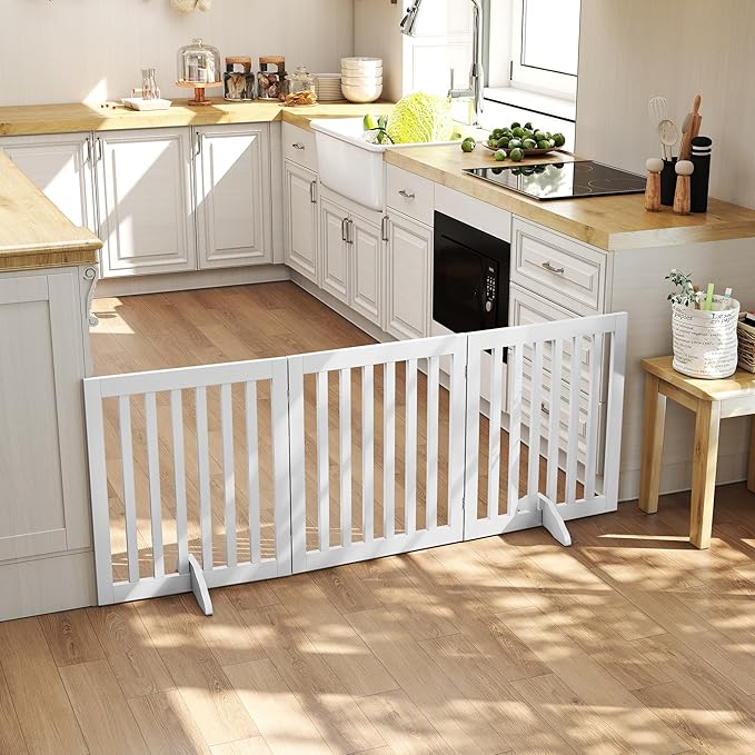 24”H Freestanding Wooden Pet Gate, Dog Gate for Stairs, Doorways, and Hallways, Step Over Foldable Pet Fence for Indoor Use, Support Feet Included, 60 inch Wide 3 Panels, White