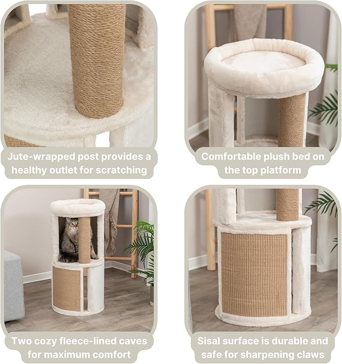 Trixie Giorgia Cat Tower – Cat Tree with Thick Sisal Posts, Caves, Platforms & Hanging Toy – Durable Cat Furniture for Indoor Cats – Beige, 15.7" x 15.7" x 32.3"