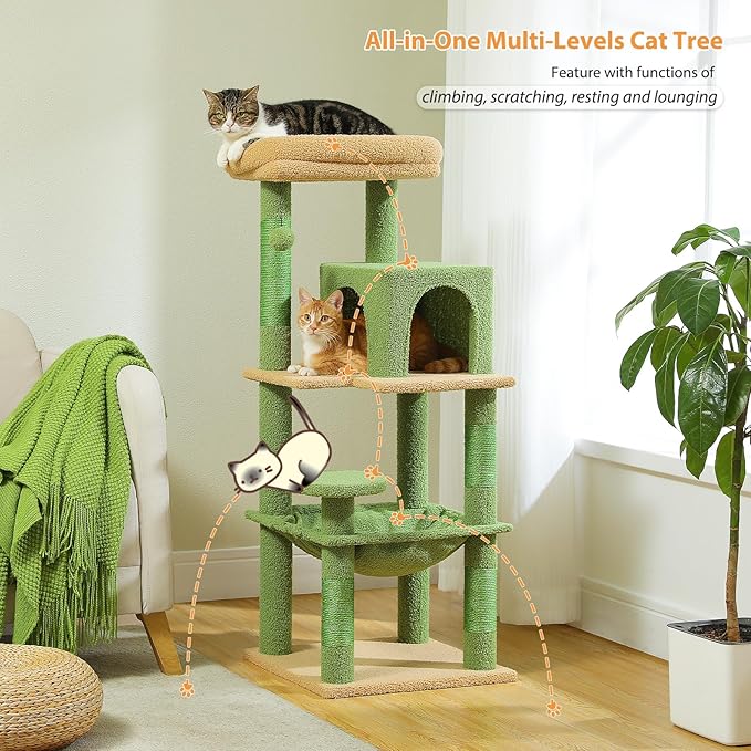 PEQULTI 45.7'' Cactus Cat Tree for Indoor Cats with Metal Frame Big Hammock, Cat Tower for Small or Medium Cats with Cat Condo House, with Scratching Posts and Top Perch, Green