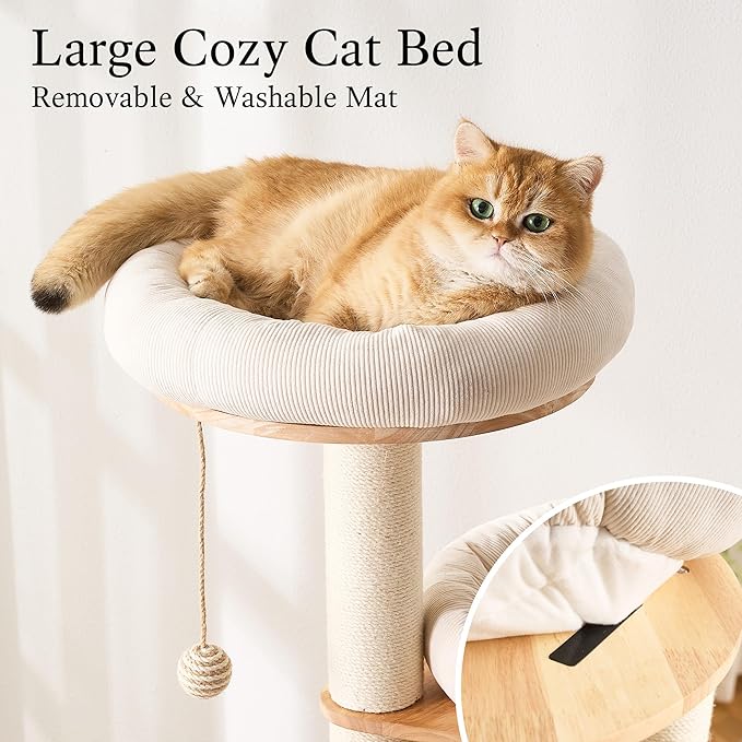 797Audio Wood Modern Cat Tree, 61.5" Cat Tower with Sisal Scratching Posts, Cat Condo, Capsule,Hamnock and Spinner Toy, Solid Wooden Aesthetic Multi-Level Cat Climbing Tree for Adult Indoor Cats-White