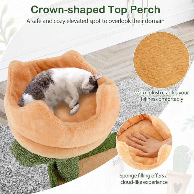 Tangkula Cactus Cat Tree, 63 Inch Multi-Level Tall Cat Tower with Sisal Scratching Posts & Board, Condo, Padded Perch, Hanging Toys, Basket Bed, Platforms, Green Cute Cat Tree for Indoor Cats