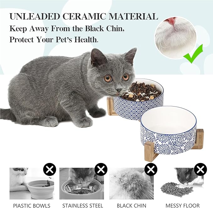 Selamica Ceramic 30 OZ Dog Bowls, Dog Food and Water Bowls with Wooden Stand, Anti-Slip Dogs Dishes Set for Cats Small & Medium Sized Dogs, Weighted Pet Bowls Set of 2, Vintage Blue A
