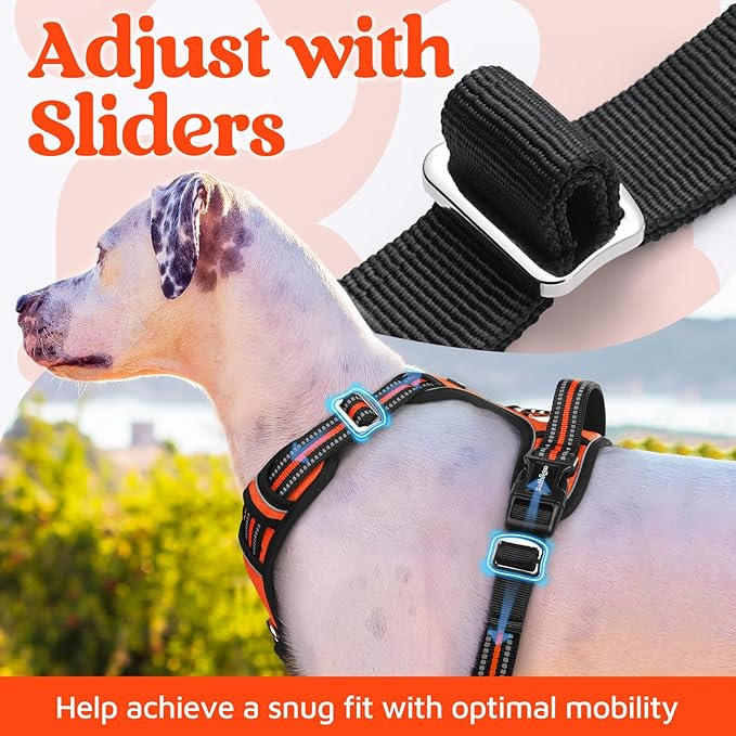 rabbitgoo Dog Harness Medium Sized, No Pull Dog Vest with 3 Buckles, Adjustable Soft Padded Pet Harness with Easy Control Handle and Reflective Strips, Orange, M