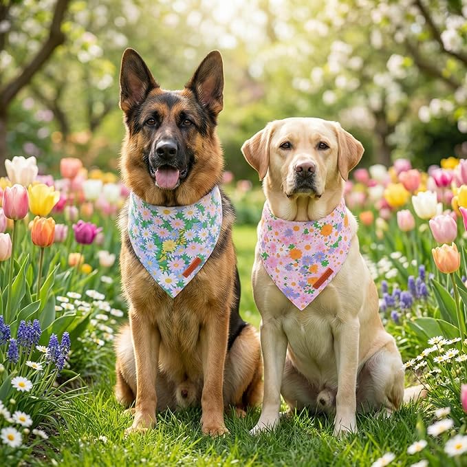 ADOGGYGO Floral Dog Bandanas, Spring Summer Daisy Pet Scarf, Premium Fabric, Purple Pink Flower Bandanas for Extra Large Dogs (X-Large)