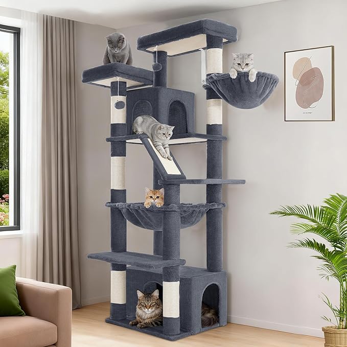 Large Cat Tree, 72 Inch Tall Indoor Cat Tower for 6 Large Cats, Corner Climbing Activity Pet Condo with 2 Large Platforms/2 Cats House/6 Scratching Post/1 Hanging Basket, Dark Gray MS18318SG