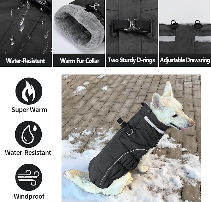 Malier Dog Coat, Reflective Dog Jacket Waterproof Windproof Puppy Cold Weather Coats with Harness Built in, Winter Extra Warm Pet Coat Fleece Vest for Small Large Pets and Puppy (Black, XXX-Large)