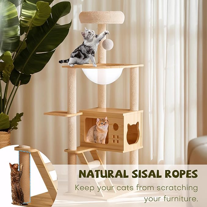 48.4" Tall Cat Tree, Wood Cat Tower for Indoor, Cat Condo with Acrylic Hammoc, Climbing Tower with Sisal-Covered Scratching Posts and Top Perch for Small Large Cats