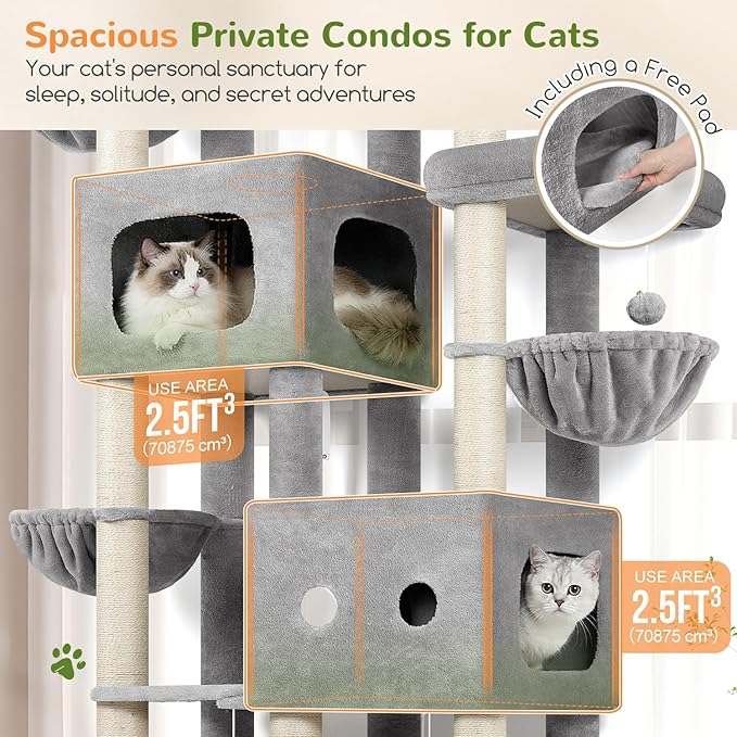 Globlazer 81in Multi-Level Larger Cat Tree Tower Condo Indoor Furniture Activity Center with Oversized Plush Cat Bed/Baskets/Full-Sisal Scratching Posts and Hammock/S81/Light Gray