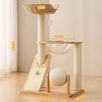 HITTITE Solid Wood Cat Tree Tower with Scratching Post, 36.6 Inches Tall Cat Towers with Scratching Board and Scratcher Ball, Modern Cat Tower With Space Capsule and Hand-Woven Basket for Indoor Cats.